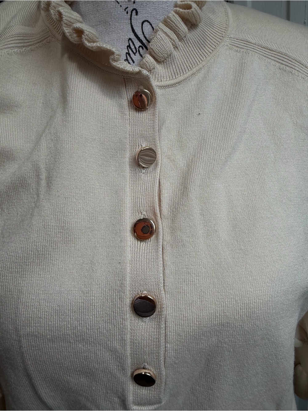 ba&sh Cream Ruffled Neck Button-Front Short Sleeve Top - Picture 2 of 10